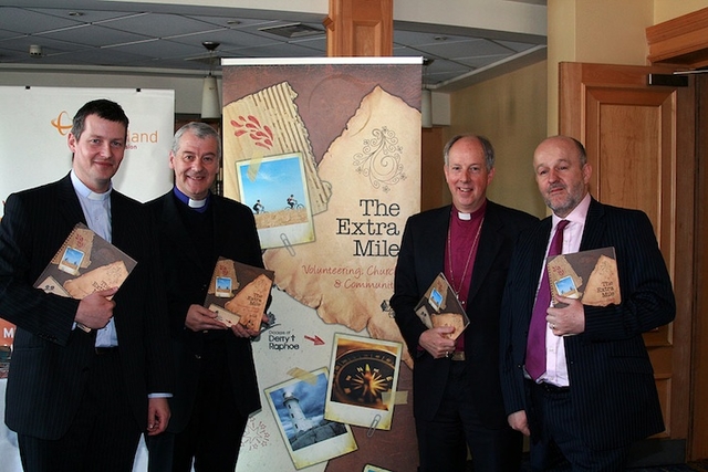 The Revd Robert Miller, Archbishop Michael Jackson, Bishop Ken Good and the Revd Earl Storey at launch of ‘The Extra Mile’ on the second day of the Church of Ireland General Synod in Armagh. The guide is designed to help churches find new and imaginative ways to serve practical needs in their local community. 'The Extra Mile' is available free of charge on www.derry.anglican.org. Photo: David Wynne.