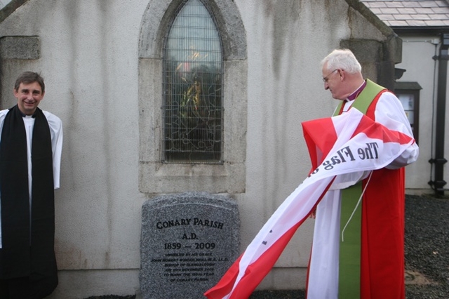 Pictured is the Archbishop of Dublin and Bishop of Glendalough, the Most Revd Dr John Neill unveiling a stone marking his visit to Conory Church to celebrate 150 years since the Church's foundation. Also pictured is the Rector of Dunganstown, Redcross and Conory, the Revd Canon Roland Heaney.