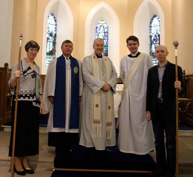 Church warden, Linda Peters; lay reader, Nigel Pierpoint; Archbishop Michael Jackson; rector, the Revd Niall Sloane; and acting church warden, Stephen Rhys Thomas in Holy Trinity, Killiney, where the Archbishop dedicated gifts which were presented to the parish. 