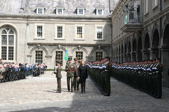 The President of Ireland, Mary McAleese inspecting the Guard of Honour at the National Day of Commemoration in the Royal Hospital Kilmainham.