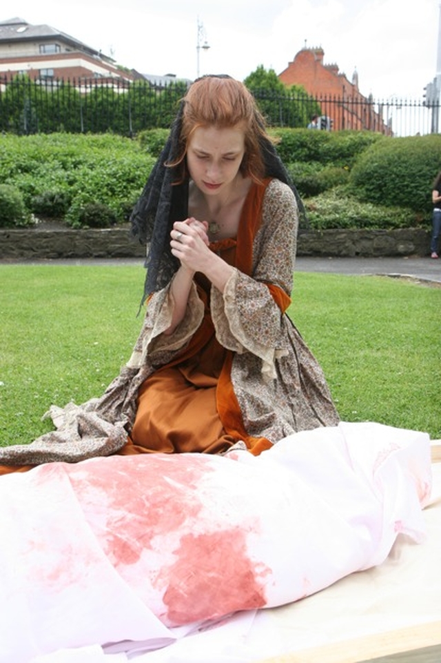 Pictured is the Lady Anne (Clancy Flynn) mourning over the body of King Henry VI in the Dublin University Players performance of a scene from Richard III in Christ Church Cathedral, as part of the Dublin Shakespeare Festival.