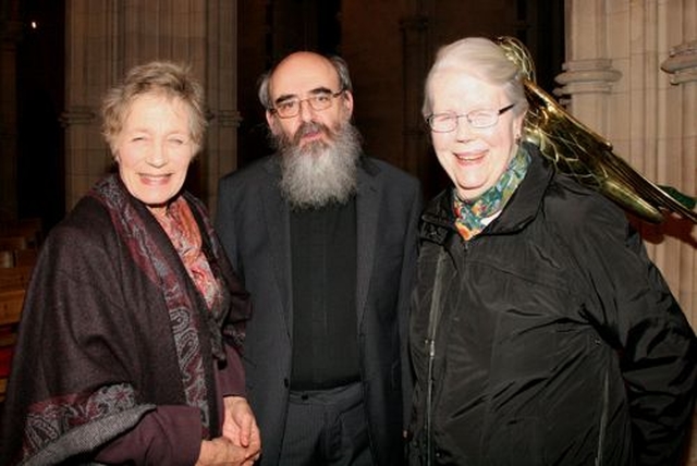 Canon Ginnie Kennerly, Canon Patrick Commerford and Mrs Nancy Caird at the reception in Christ Church Cathedral following the unveiling of the portrait of former dean, the Very Revd Tom Salmon, on Sunday February 3. (Photo: David Wynne)