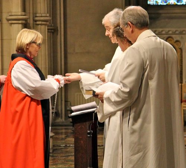 The newly ordained Bishop of Meath and Kildare, the Most Revd Patricia Storey, is presented with her Pectoral Cross by the Archbishop of Dublin, the Most Revd Dr Michael Jackson during the Service of Consecration in Christ Church Cathedral on Saturday November 30. 