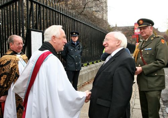 Dean Victor Stacey welcomes President Michael D Higgins to St Patrick’s Cathedral for the Remembrance Sunday Service. 