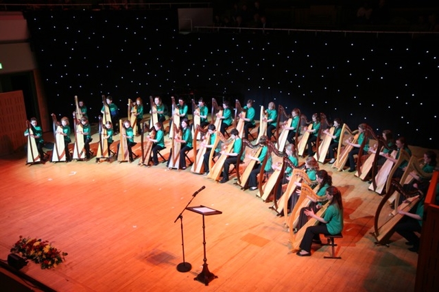 Members of the Meath Harp Ensemble play at the Mothers' Union Award and Variety Show in the National Concert Hall in Dublin.