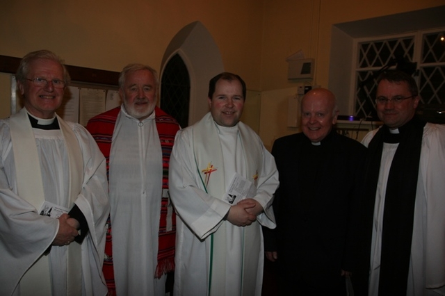 Pictured are the clergy at an ecumenical service in St Matthias' in Killiney (left to right) the Revd Canon Cecil Mills, Rector of Killiney Holy Trinity, Fr Jim Tormey, PP Ballybrack, Fr Aidan Kieran, CC Johnstown, Fr Eddie Griffan, PP Loughlinstown and the Revd Ian Poulton, Rector of Killiney-Ballybrack.