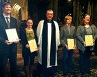 Students from the Archbishop of Dublin’s Certificate in Church Music course were presented with their certificates in Christ Church Cathedral yesterday afternoon (Sunday November 24) during Evensong. Pictured are (left to right) Jonathan Wilson, who successfully completed Year 1, Inga Hutchinson, who completed the entire certificate, the Revd Garth Bunting, Residential Priest Vicar of Christ Church Cathedral, Matthew Breen, and Stephanie Maxwell who both completed Year 2. Joe Bradley, who also completed Year 2, was unable to attend.