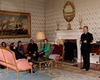 Members and friends of Cumann Gaelach na hEaglaise relaxing on the Louis xiv furniture during a tour of the State rooms of Áras an Uachtaráin let by Commandant Louise Conlon. 