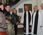Jenny McCrohan, Christopher Heaney, Anna Rose, Marie Heaney, Archdeacon Ricky Rountree, the Revd Ken Rue and Fr Eamonn Crosson at the dedication of a plaque in memory of Seamus Heaney in Nun’s Cross Church, Killiskey. 