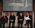 The Four Main Irish Church Leaders, left to right, the Most Revd Alan Harper, Archbishop of Armagh (Church of Ireland), His Eminence, Sean Cardinal Brady, Archbishop of Armagh (Roman Catholic), the Revd Roy Cooper, Former  Methodist President and the Revd Dr John Finlay, Former Moderator of the Presbyterian Church in Trinity College Dublin Chapel before delivering their reflections on their visit to Israel/Palestine earlier in the year.