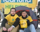 Conor Vavasseur of Goodbody Stockbrokers and Nico Dowling of Atlas Language School in their overnight accomodation in Grafton Street as part of a 24 hour fast and sleep out to raise money for the work of Tearfund in Haiti. Conor and Nico joined friends from CORE church in the collection. 