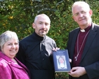 The Archbishop of Dublin, the Most Revd Dr John Neill presenting a book (Three Centuries of Mission) on behalf of USPG Ireland (The United Society for the Propagation of the Gospel) to ordinand Patrick Burke in appreciation for his work in organising the Lenten Head Shave for the Mission agency. All the Theological Institute students will receive a copy. Also pictured is Linda Chambers de Bruijn of USPG.