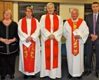 Pictured prior to the institution of the Revd Lesley Robinson as the new rector of Clontarf are Jean Colvin (church warden), the Revd Lesley Robinson, Archbishop Michael Jackson, the Revd Dr Tom Corbett (preacher) and John Davis (church warden). The institution took place in Mount Temple Comprehensive School as the Church of St John the Baptist is undergoing renovations. 