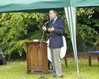 David Turner from 'Church in Chains' speaking at St Doulagh's Annual Open Air Service of Praise and Thanksgiving in St Doulagh's Field, Malahide Road, Balgriffin.