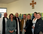 Neices of former principal of Powerscourt National School, Teresa Tinkler, gather at the cross dedicated in her memory in new school building. Pictured are Archdeacon Ricky Rountree, Jenny Guthrie, Archbishop Michael Jackson, craftsman Aidan Finlay, Esther Walsh and Pamela Hood. 