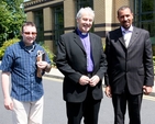Dr Ken Fennelly, who organised the visit for the Friends of Christ Church Cathedral, Archbishop Michael Jackson and Dr Ali Selim outside the Islamic Cultural Centre of Ireland in Clonskeagh.