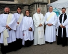 Newly ordained Deacons – the Revd Alan Breen, the Revd Cathy Hallissey, the Revd Abigail Sines, the Revd Kevin Conroy and the Revd David Martin with Archbishop Michael Jackson outside Christ Church Cathedral, Dublin, yesterday (Sunday September 21).
