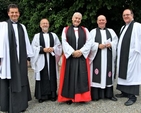 The Revd David Mungavin, Rector of St Patrick’s, Greystones; the Revd Nigel Waugh, Rector of Christ Church Delagany; Archbishop Michael Jackson; Archdeacon Ricky Rountree, Rector of Powerscourt and Kilbride; and the Revd Baden Stanley, Rector of Christ Church Bray, following the service of dedication of Temple Carrig School. 