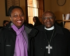 The former Archbishop of Cape Town, the Rt Revd Desmond Tutu with Eleanor during Archbishop Tutu's visit to Trinity College, Dublin.