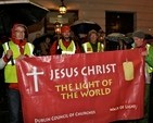 Participants in the Ecumenical Walk of Light prepare to set off from Adelaide Road Presbyterian Church in torrential rain. This is the eighth year of the walk which involved members of Adelaide Road Presbyterian Church; St Finian’s Lutheran Churches; Dublin Korean Church; Holy Trinity Rathmines, Church of Ireland; Methodist Centenary Church; Church of Our Lady of Refuge, Roman Catholic; St Ann and St Stephen’s, Church of Ireland; St Mary’s, Roman Catholic Church; St Bartholomew’s and Christ Church, Leeson Park, Church of Ireland; Newman University Church, Roman Catholic; St Teresa’s Carmelite Church, Roman Catholic; and the Ethiopian Orthodox Church. 