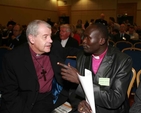 The Most Revd Dr Michael Jackson, Archbishop of Dublin, and Bishop Moses Deng Bol, Bishop of Wau diocese in Sudan, pictured on the first day of the Church of Ireland General Synod in Armagh. Photo: David Wynne.
