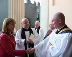 The Lord Mayor of Dublin, Cllr Emer Costello greeting Jon Scarffe, her Chaplain at the Thanksgiving service in St Stephen's marking the completion of restoration work on the Church.