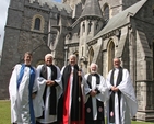 Dr Anne Lodge, Principal of CICE; the Ven Edgar Swann; Lecturer in CICE and former Archdeacon of Glendalough; the Most Revd  Michael Jackson, Archbishop of Dublin and Bishop of Glendalough; Canon Neil McEndoo, Chaplain to CICE; and the Very Revd Dermot Dunne, Dean of Christ Church Cathedral, pictured prior to the Service of Thanksgiving to mark the bicentenary of the establishment of the Kildare Place Society. Photo: The Ven David Pierpoint, Archdeacon of Dublin.