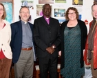 Bishop Hilary Adeba of Yei in South Sudan visited Delgany National School on Monday February 25. He was in Delgany as part of a trip to Ireland to strengthen links between Irish parishes and his diocese. Pictured are Meg Elliott of the Delgany Yei committee; the Revd Nigel Waugh, rector of Delgany; Bishop Hilary Adeba; Patricia Conran, principal of Delgany National School; and Brian Glanville of the Delgany Yei Committee. 