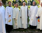 The Revd Trevor Holmes, the Revd Ian Horner, the Revd Linda Frost, the Revd David Bowles and the Revd Eugene Griffin with Archbishop Michael Jackson following the service in which they were ordained to the diaconate in Christ Church Cathedral on Sunday September 23. 