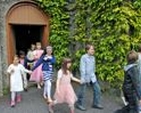 Pupils leave Drumcondra Church singing ‘School Around the Corner’ after the service to mark the reopening of the newly refurbished and extended Drumcondra National School.