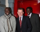 Trevor Sargent TD (centre), Minister for Horticulture and Food on the drums with Kwame Nakum (left) and Pastor Kola at the launch of Fáilte Balbriggan in the former St George's National School building.