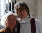Pictured is Deirdre Docherty with the Revd Peter Owen Jones after he spoke at Sunday Morning Eucharist in Trinity College Dublin.