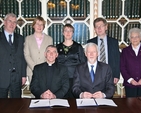 Pictured after the signing of the inter-institutional agreement between the Church of Ireland College of Education and Trinity College Dublin are (back row) Michael Gleeson, Director of Strategic Innovation at TCD; Dr Susan Hood, Board of Governors' representative; Dr Anne Lodge, Principal of CICE; Professor Juergen Barkhoff, TCD Registrar; Dr Susan Parkes, Board of Governors' representative; and (front row) the Ven David Pierpoint, Archdeacon of Dublin; and John Hegarty, Provost of TCD.