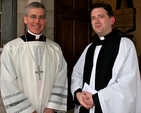 The Papal Nuncio, the Most Revd Charles Brown and Church of Ireland chaplain and dean of residence at Trinity College Dublin, Revd Darren McCallig, following the start of year service in the college chapel. 
