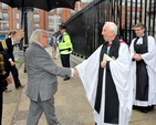 Dean Victor Stacey greets President Michael D Higgins at St Patrick’s Cathedral for the first service to mark the beginning of the academic year for second level schools. 