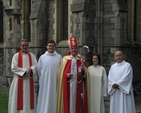 Pictured before their ordination as Deacons in Christ Church Cathedral are the Revd Stephen Farrell (2nd from left), the Revd Anne-Marie Farrell (2nd from right) and the Revd Robert Lawson (right) with the Archbishop of Dublin, the Most Revd Dr John Neill (centre) and the Dean of Christ Church Cathedral, the Very Revd Dermot Dunne (left).