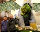 Alan Murphy and David Salmon (creative director) with the dragon which forms part of the Narnia Festival which opened in Christ Church Bray on Ash Wednesday and continues until Easter Sunday. 