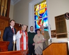 Joan Forsdyke, the stained glass artist, with husband Tom & sons, Jonathan & Mark at the dedication of the new stained glass in Rathfarnham parish church.
