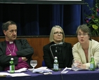 The Rt Revd Michael Burrows, Bishop of Cashel and Ossory; the Revd Janina Ainsworth, Chief Education Officer of the Church of England; and Dr Anne Lodge, Principal of the Church of Ireland College of Education, were part of the panel discussion at the first annual Church of Ireland Primary School Management Association Conference in Kings Hospital School, Palmerstown.