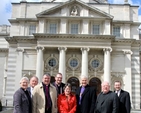 The Church of Ireland delegation which took part in the Church–State bilateral talks with the Government outside Government Buildings in Dublin on April 19. Pictured are Canon Eithne Lynch; Honary Secretary of the General Synod, Mr Sam Harper; the Bishop of Clogher, the Rt Revd John McDowell; the Dean of Clogher, the Very Revd Kenneth Hall; Honary Secretary of the General Synod, Mrs Ethne Harkness who also represented the Archbishop of Armagh, the Most Revd Dr Richard Clarke; the Archbishop of Dublin, the Most Revd Dr Michael Jackson; Honorary Secretary of the General Synod of the Church of Ireland, the Ven Robin Bantry White; and Dr Ken Fennelly, Secretary to the General Synod Board of Education. 