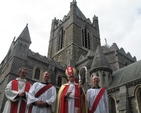 Pictured under the shadow of Christ Church Cathedral prior to their ordination to the priesthood are the Revd Alan Barr of Bray (right) with the Revd Rob Jones of CORE (2nd left) with the Archbishop of Dublin, the Most Revd Dr John Neill (centre) and the Dean of Christ Church, the Very Revd Dermot Dunne (left).