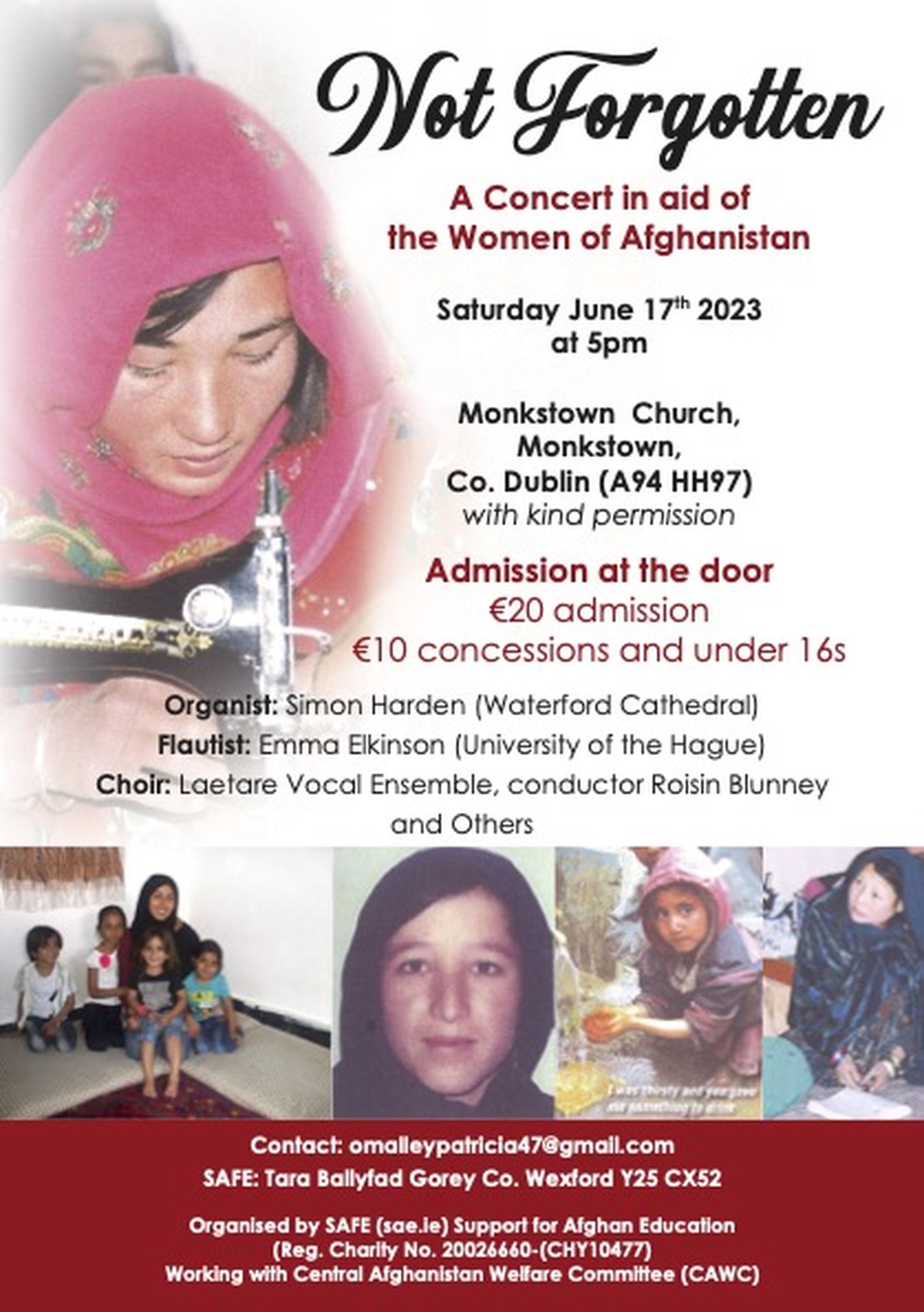 Not Forgotten – A Concert in Aid of the Women of Afghanistan - ‘Not Forgotten’, a concert in aid of the women of Afghanistan, takes place in Monkstown Parish Church on Saturday June 17 at 5pm. The concert will feature the Laetare Vocal Ensemble, conducted by Roisin Blunney, and others along with organist Simon Harden of Waterford Cathedral and flautist Emma Elkinson of the University of the Hague. 