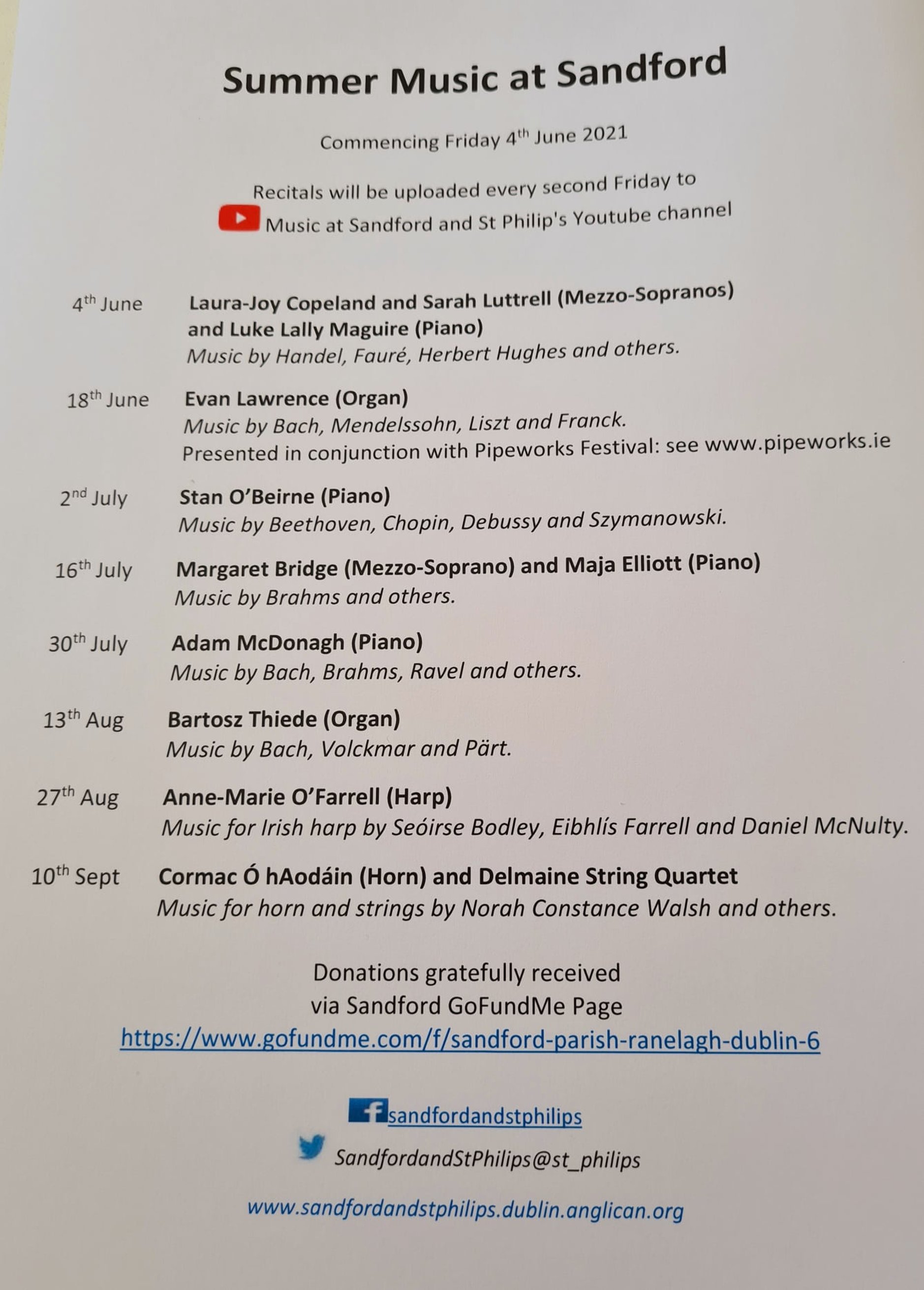 Summer Music at Sandford - You can enjoy the Summer Music Series from Sandford online on their YouTube Channel (link below the programme).