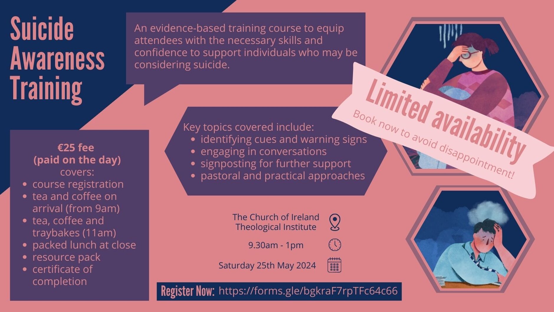 Suicide Awareness Training at CITI - This Suicide Awareness Training course will take place in the Church of Ireland Theological Institute on Saturday May 25. The cost is €25 and it is open to everyone. Click the link to register.