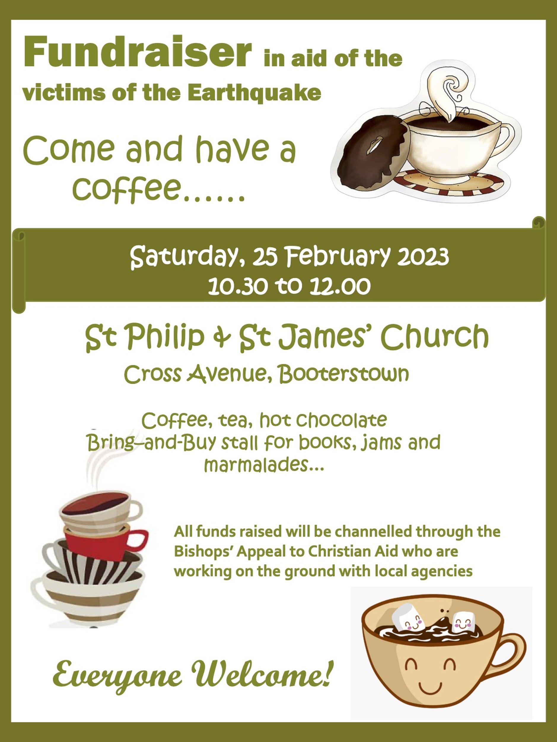 Turkey and Syria Earthquake Appeal – Parish Coffee Morning Booterstown - Coffee morning and bring and buy sale in aid of Bishops’ Appeal for Syria and Turkey. Saturday February 25 at St Philip and St James’ Church, Booterstown.