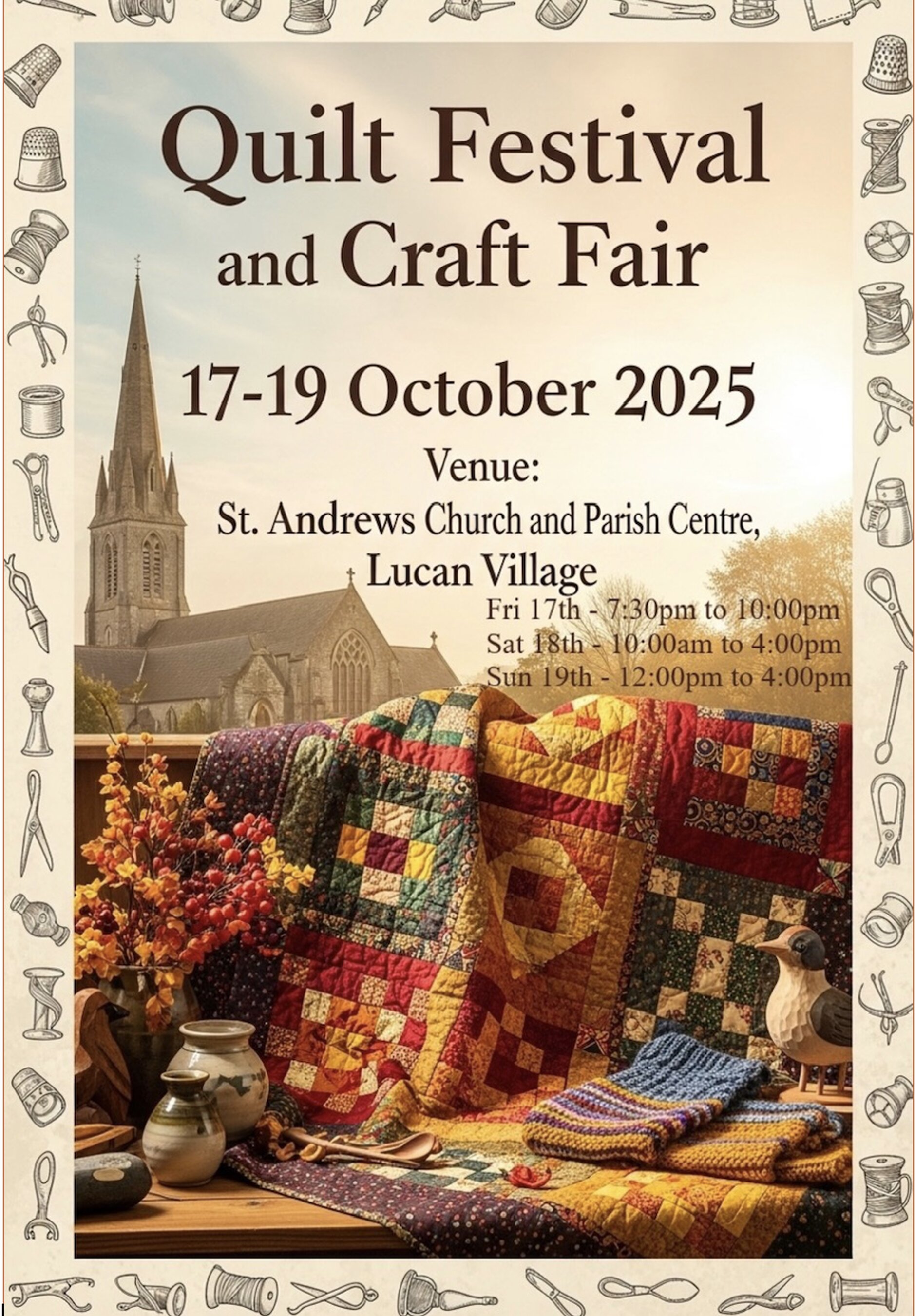 Lucan Quilt Festival - The Festival Quilters are celebrating 25 years with an exhibition and Craft Fair in The Church of Ireland Parish Centre and St Andrew’s Church, Lucan.     

Admission is free. A raffle will be held and proceeds will go to parish funds. 

1st prize: Quilt – “Autumn Hues”  
Other prizes: Craft Hamper, Goodies Hamper. A children’s raffle will also be held.
Raffle Tickets from: 
Jean Thompson – 087 947 5297
Mabel Long – 085 763 4427 
Karen Seaman – 086 195 6512  
Geraldine McMurray – 087 – 239 6017

The Festival Quilters are looking forward to showcasing their creations, from beginners to the very experienced, with all sorts of colour schemes, designs and textures.