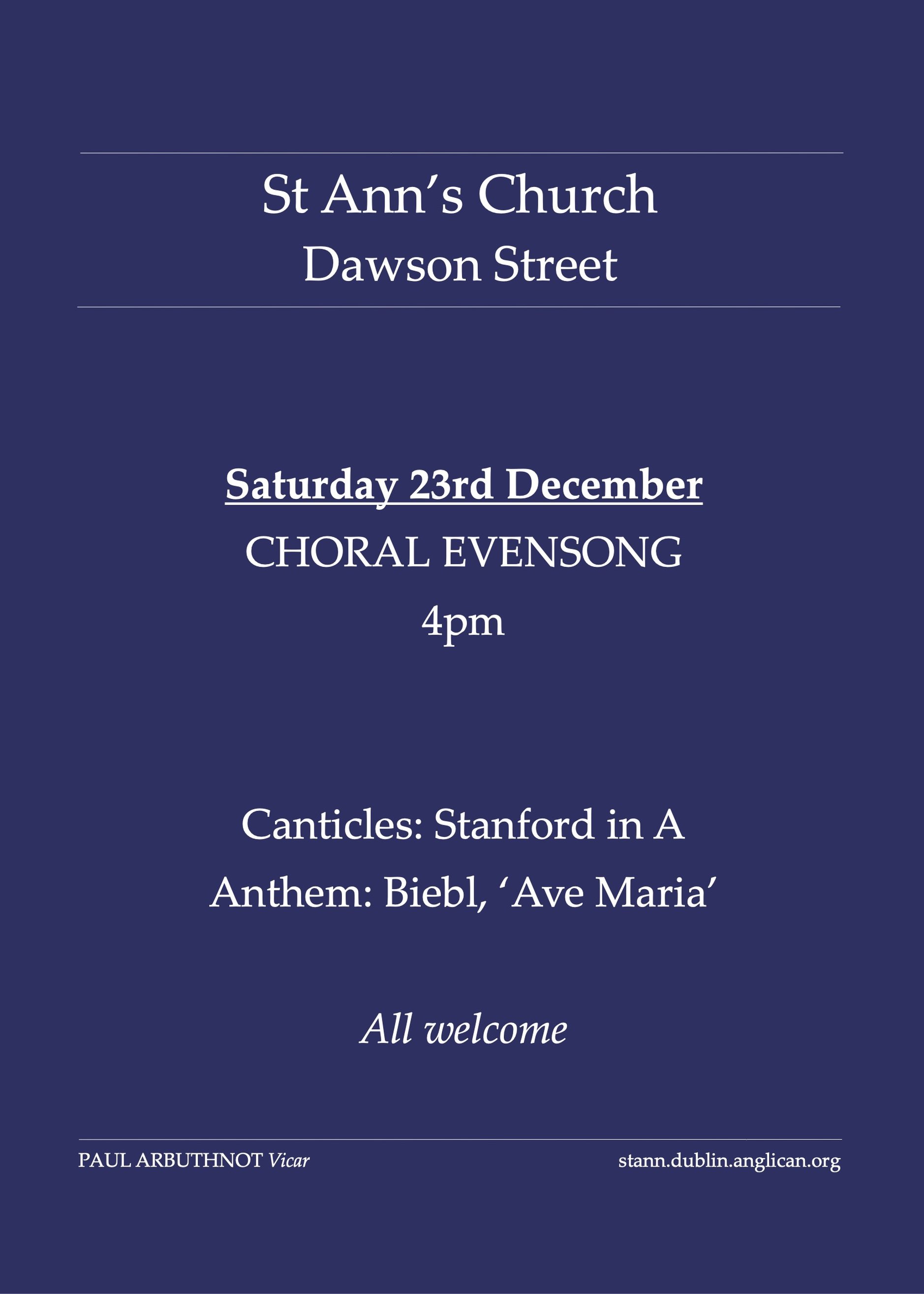 Choral Evensong St Ann’s, Dawson Street - All are welcome.