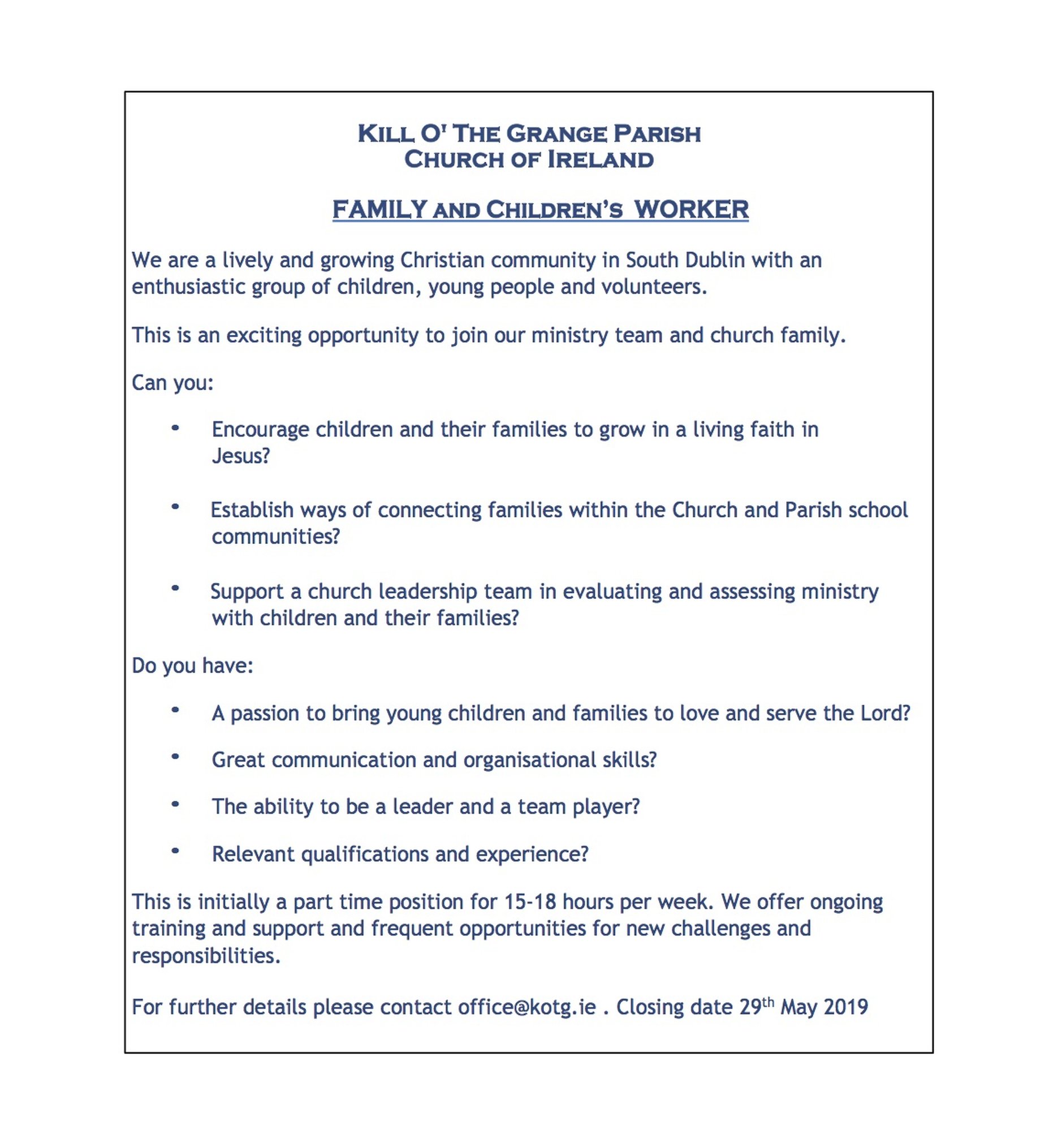 Vacancy – Family and Children’s Worker – Kill O the Grange (Dublin)