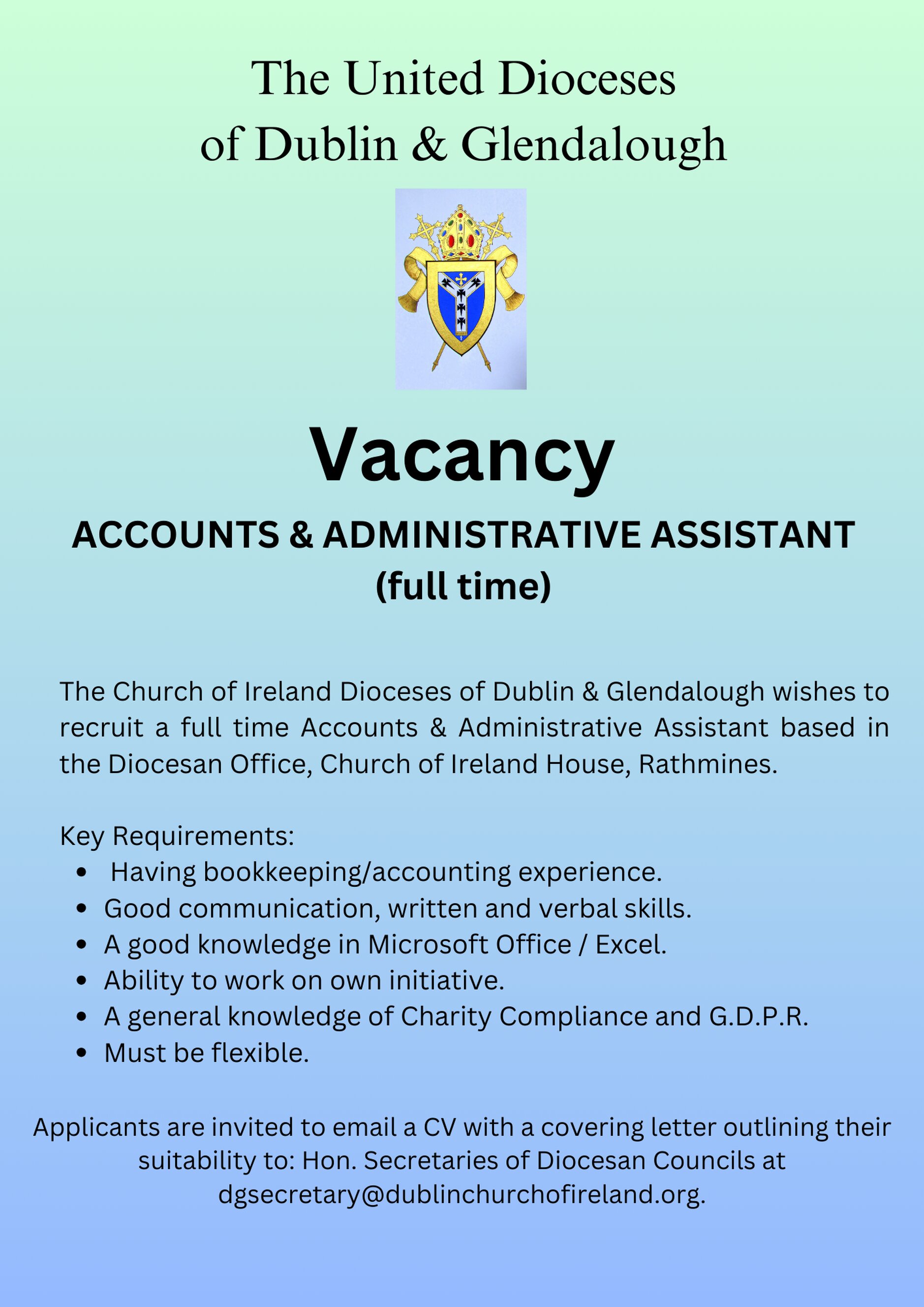 Vacancy – Accounts and Administrative Assistant – Dublin and Glendalough