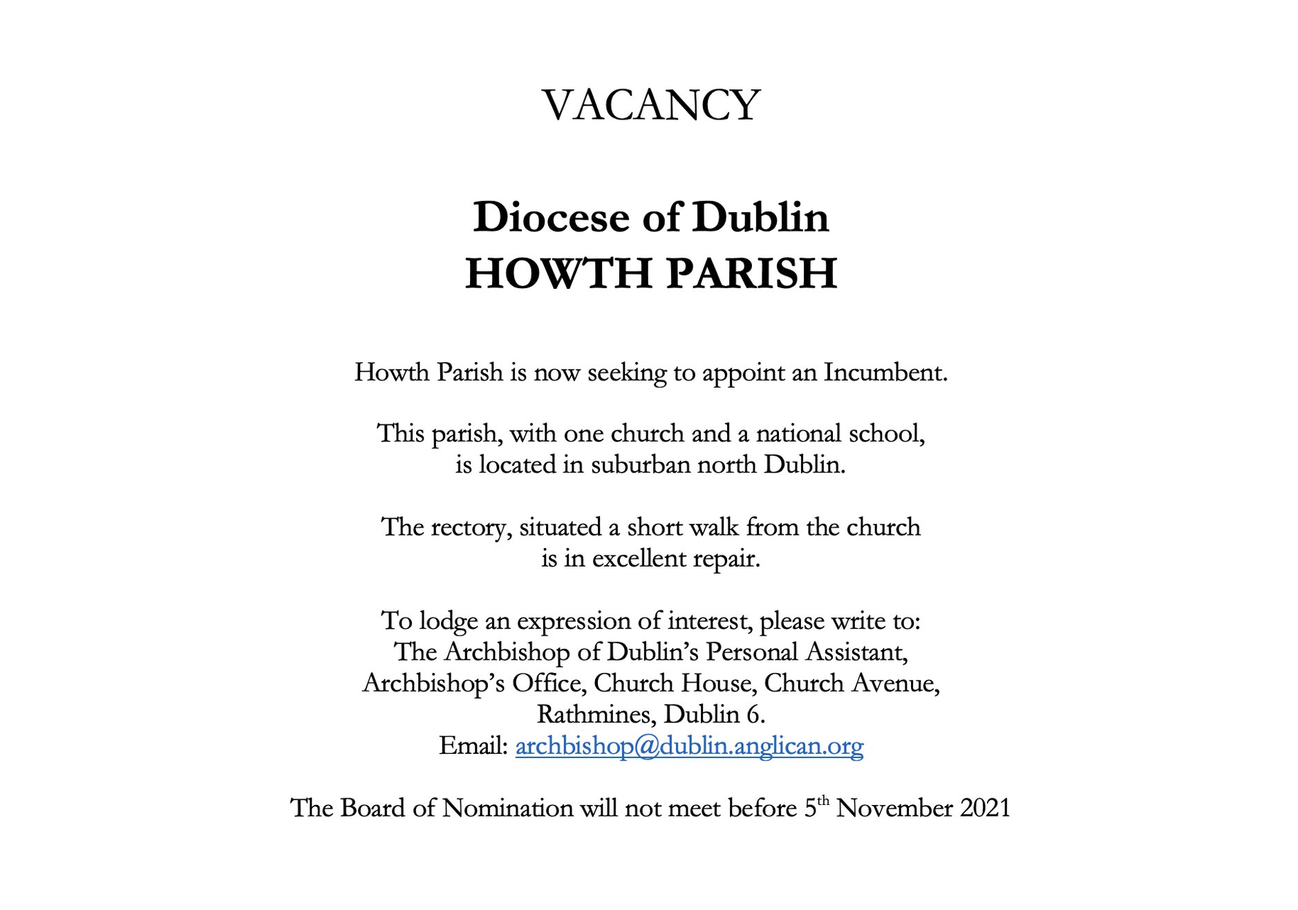 Vacancy – Howth Parish – Diocese of Dublin - Board of Nomination will not meet before 5 November 2021